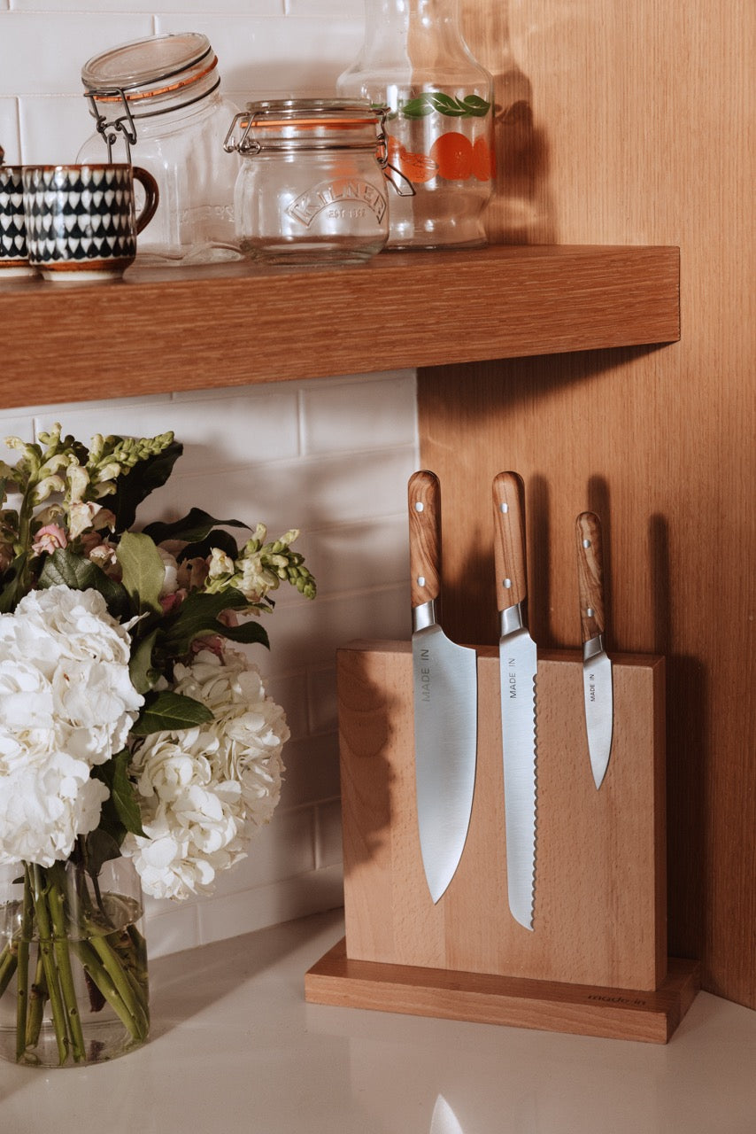 Knife Block and Knife Set in Olive Wood, Set of 3