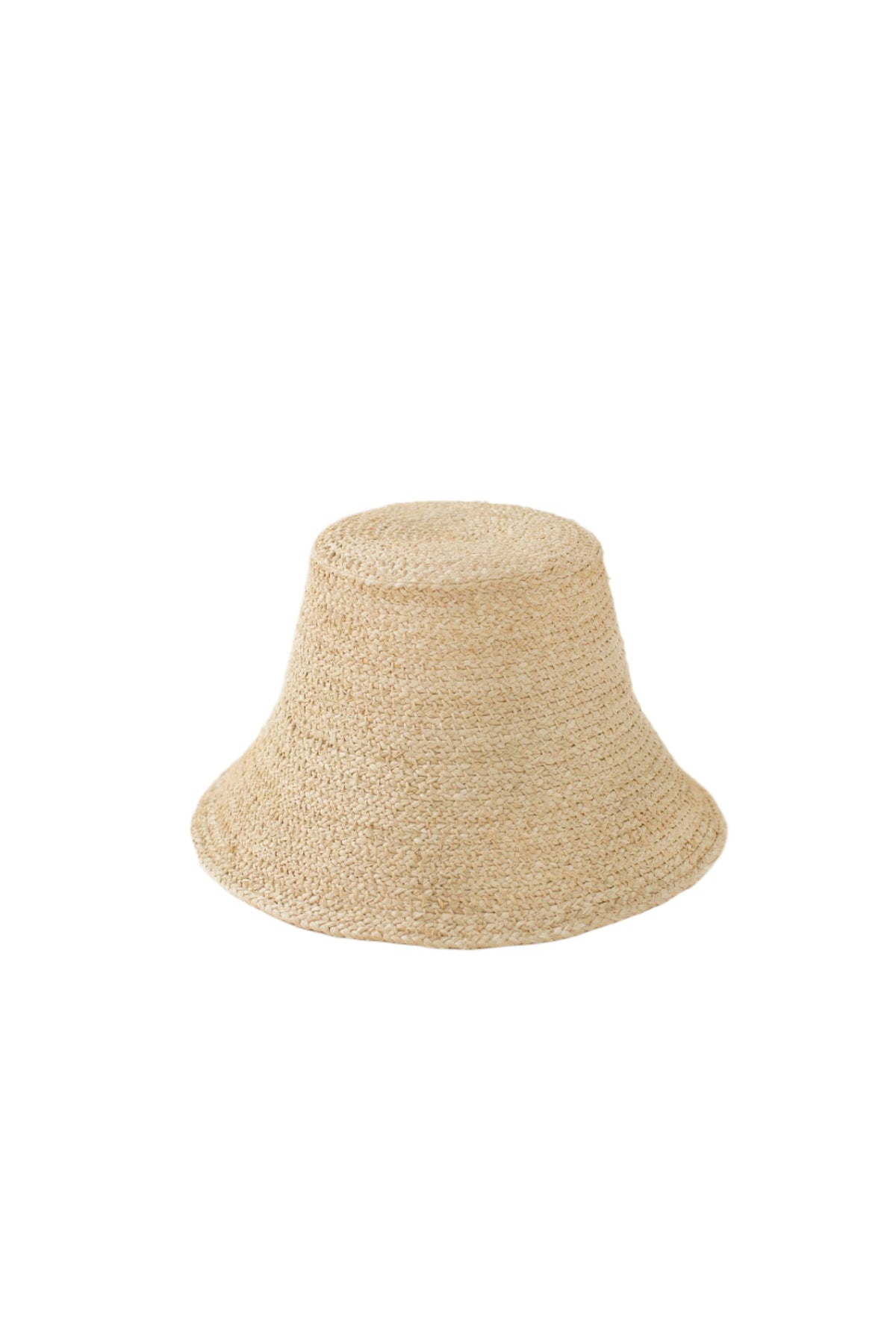 Front view of Raffia Bucket Hat showcasing braided natural raffia and flared brim against a white background