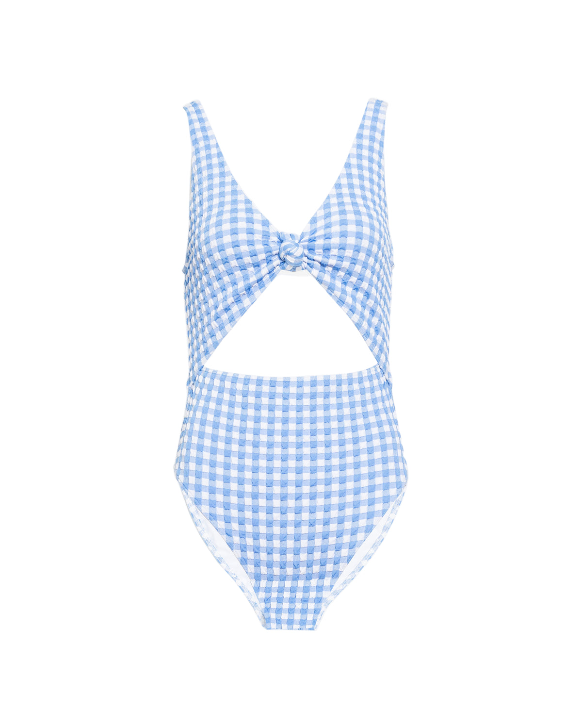 Front view of Kora One-Piece in Vista Blue and White showcasing gingham fabric, V-neckline, and front cutout on white