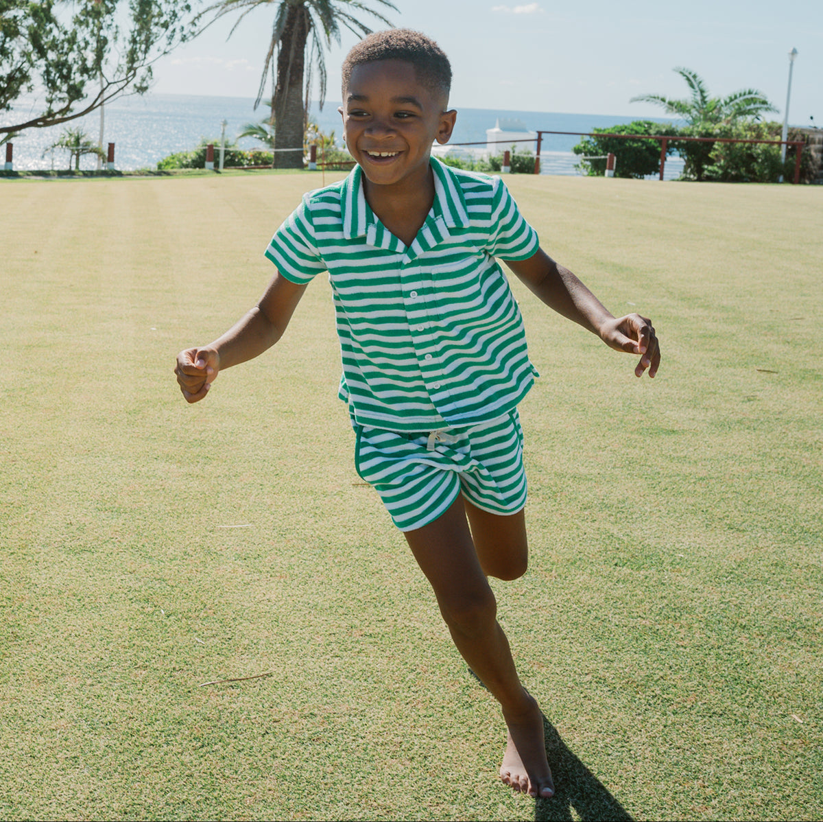 Boys Bermuda Green Stripe French Terry Button Up