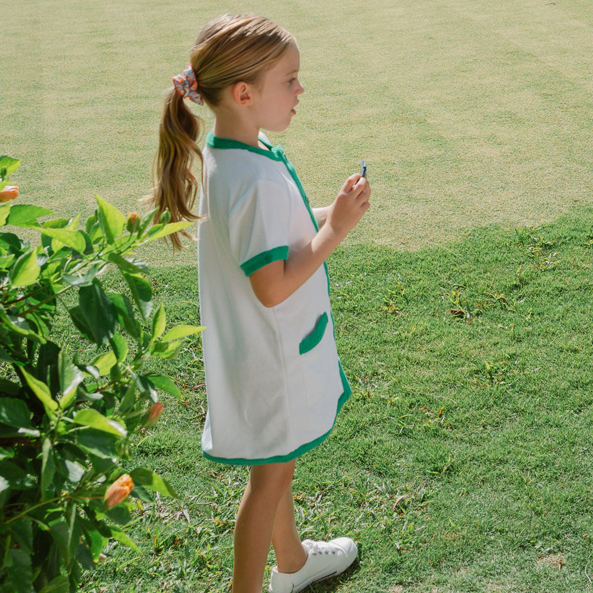 Girls White French Terry Button Down Dress