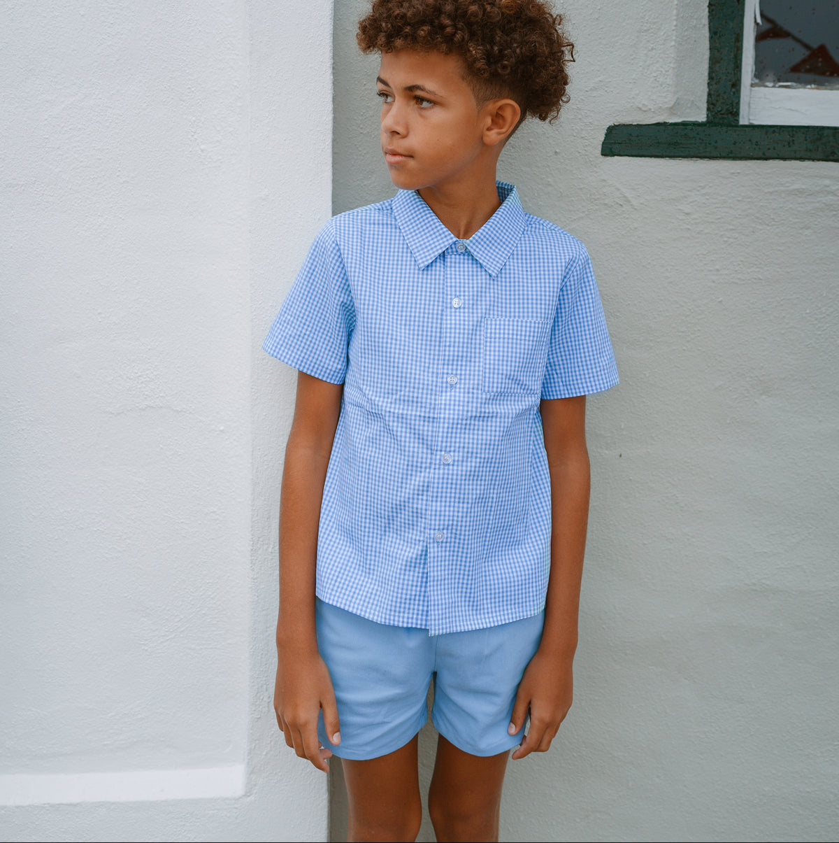 Boys Sky Blue Gingham Short Sleeve Button Down Shirt