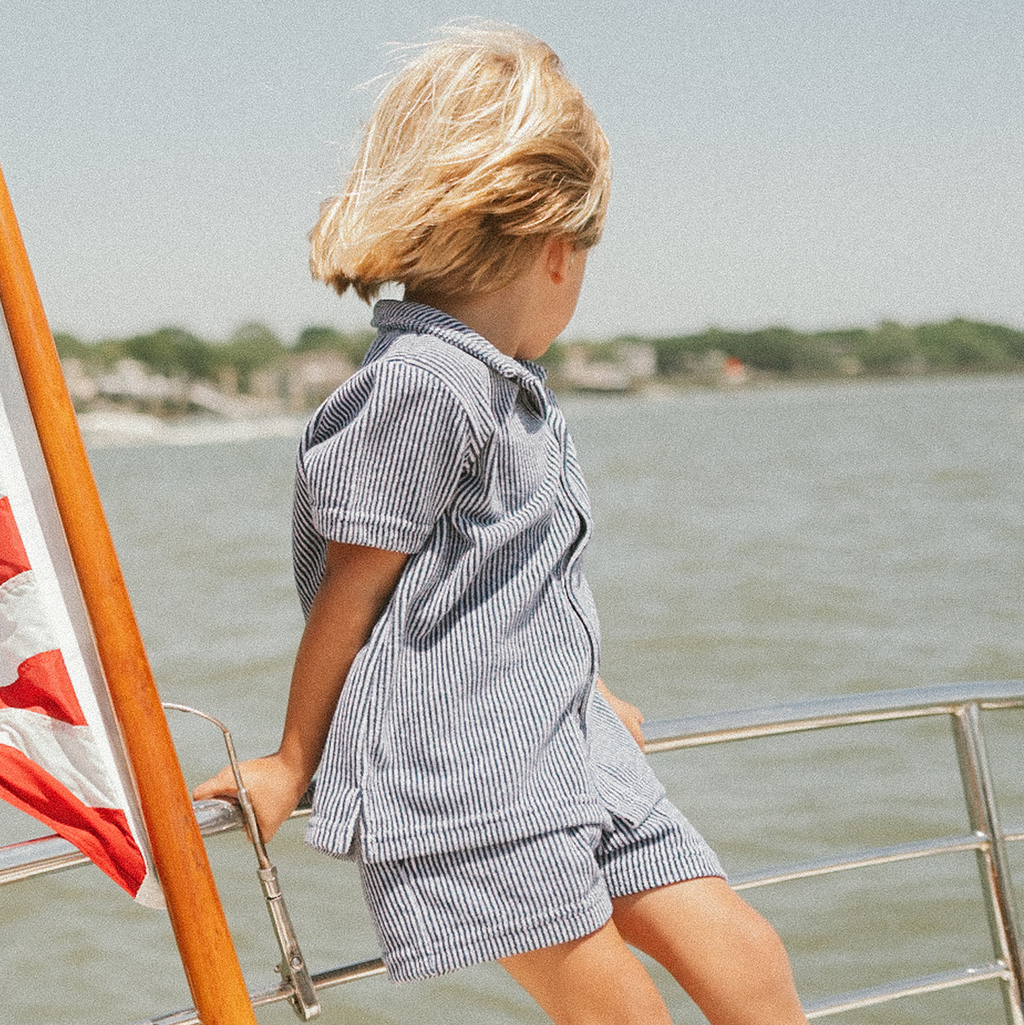Boy’s Navy Stripe French Terry Button Up