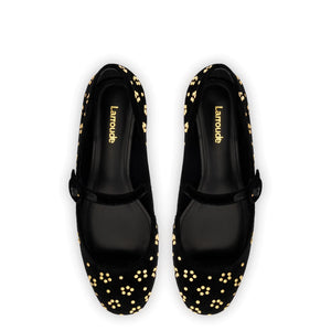 Blair Ballet Flat In Black Velvet and Gold Studs