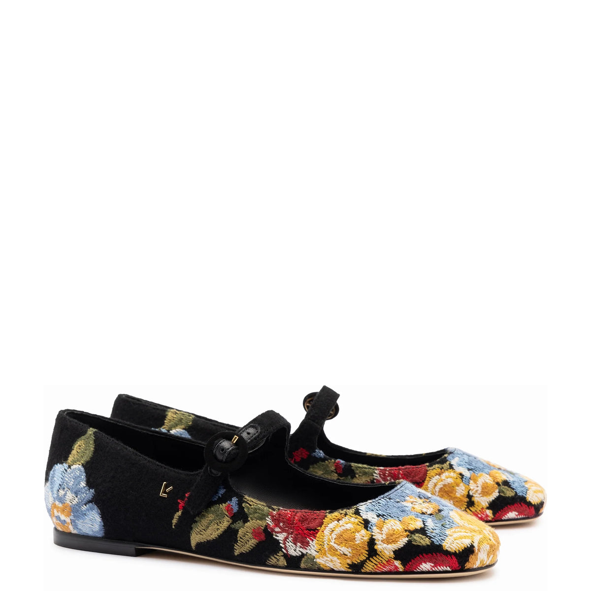 Larroudé x Markarian Flat In Floral Wool and Black Embroidery