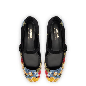 Larroudé x Markarian Flat In Floral Wool and Black Embroidery