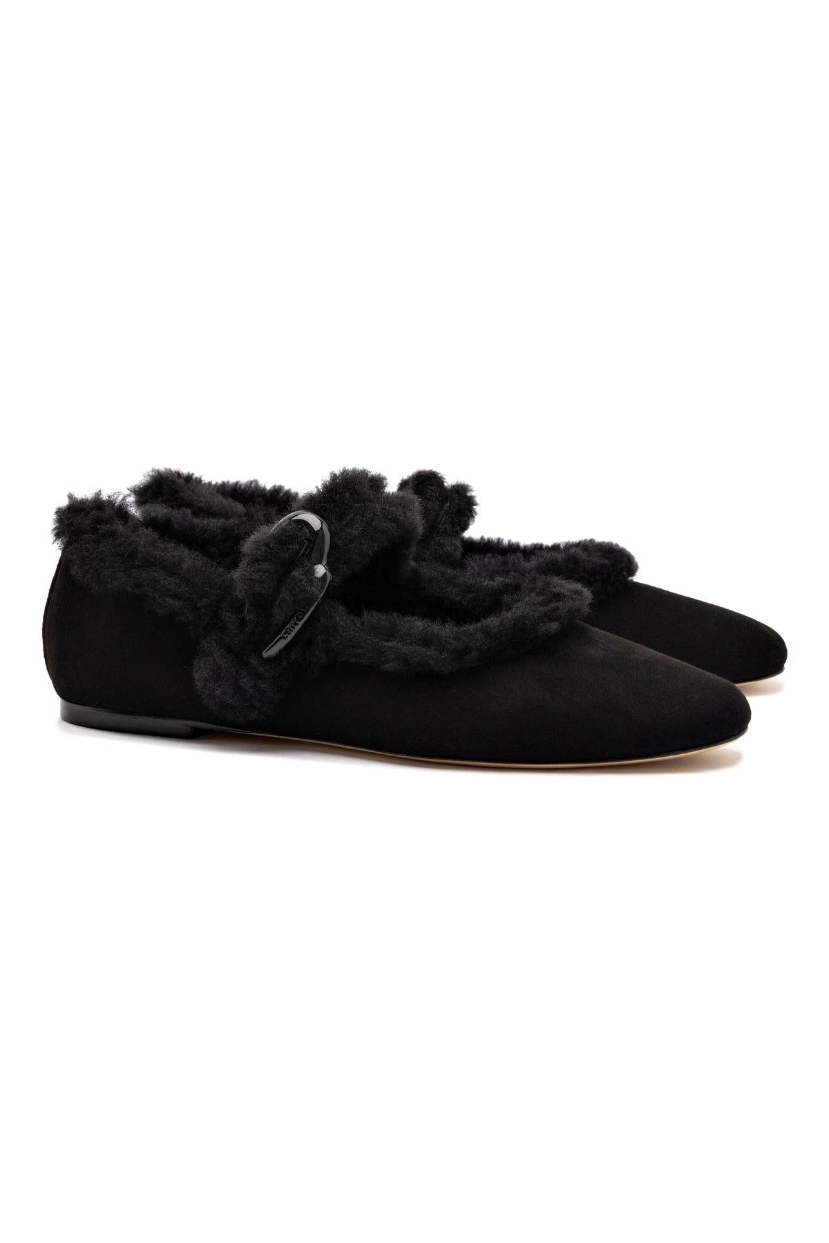 Verona Ballet Flat In Black Suede And Black Shearling