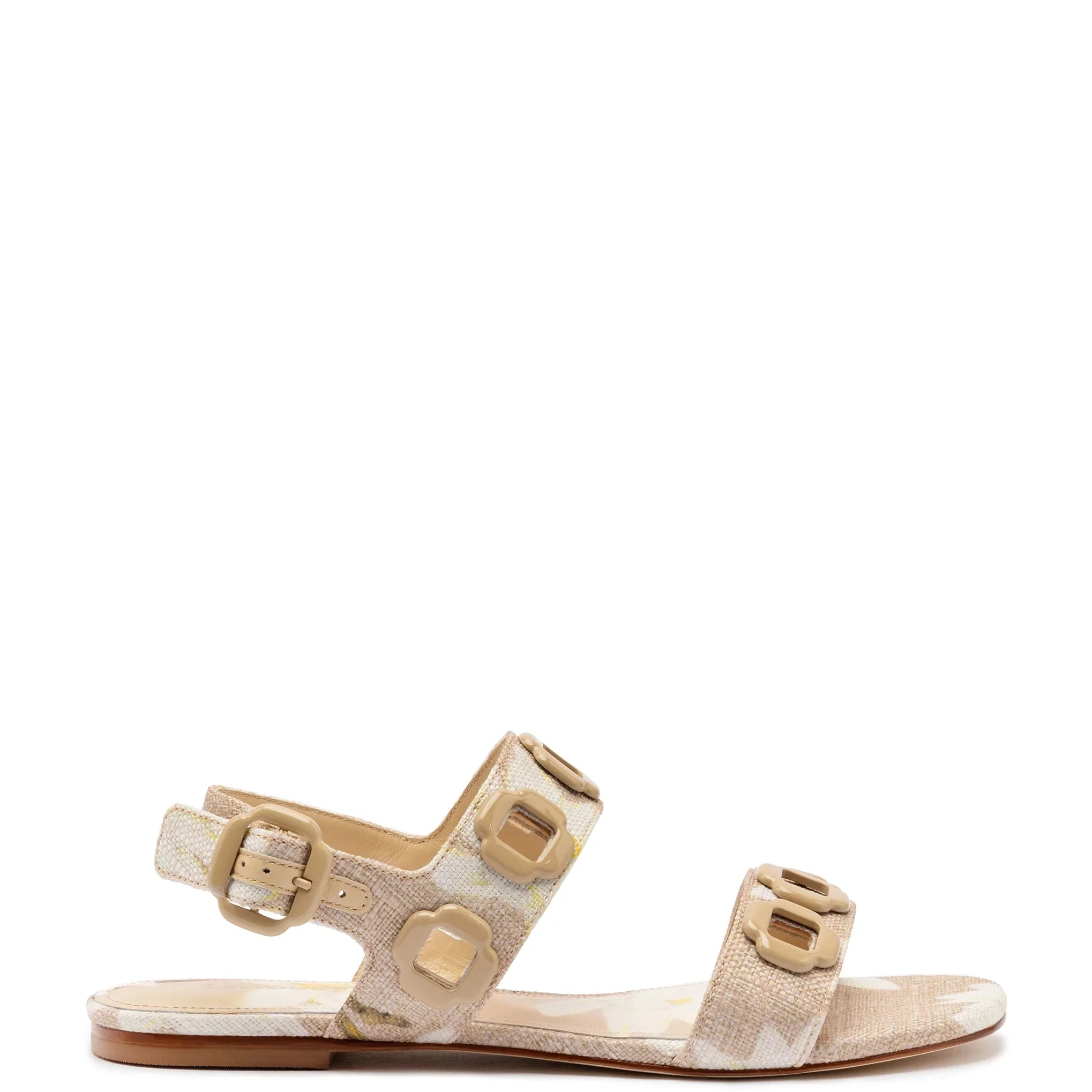 Milan Flat Sandal in Beige Printed Raffia