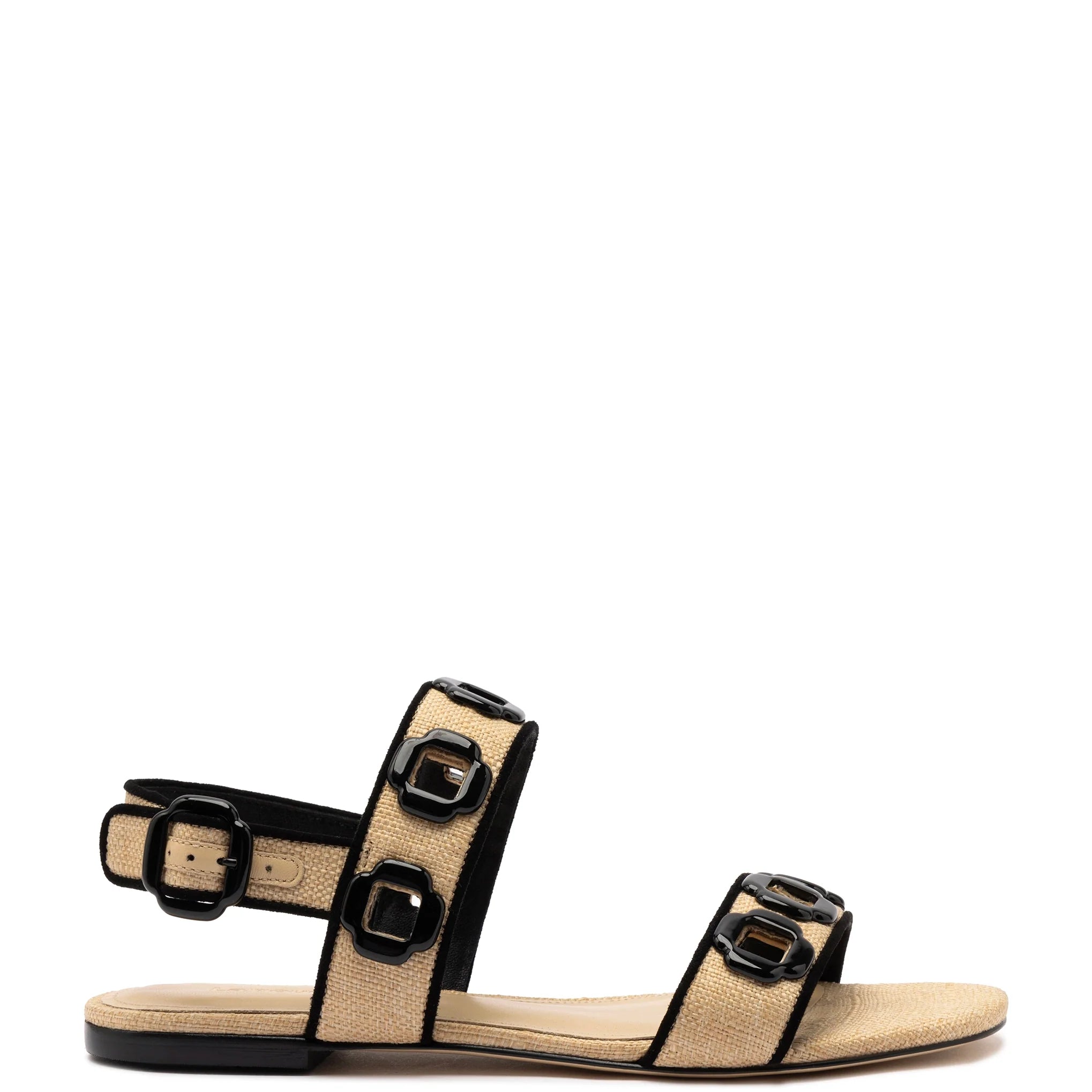 Milan Flat Sandal in Beige Raffia & Black Trimming