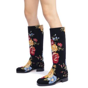 Larroudé x Markarian Flat Boot In Black Wool and Floral Embroidery