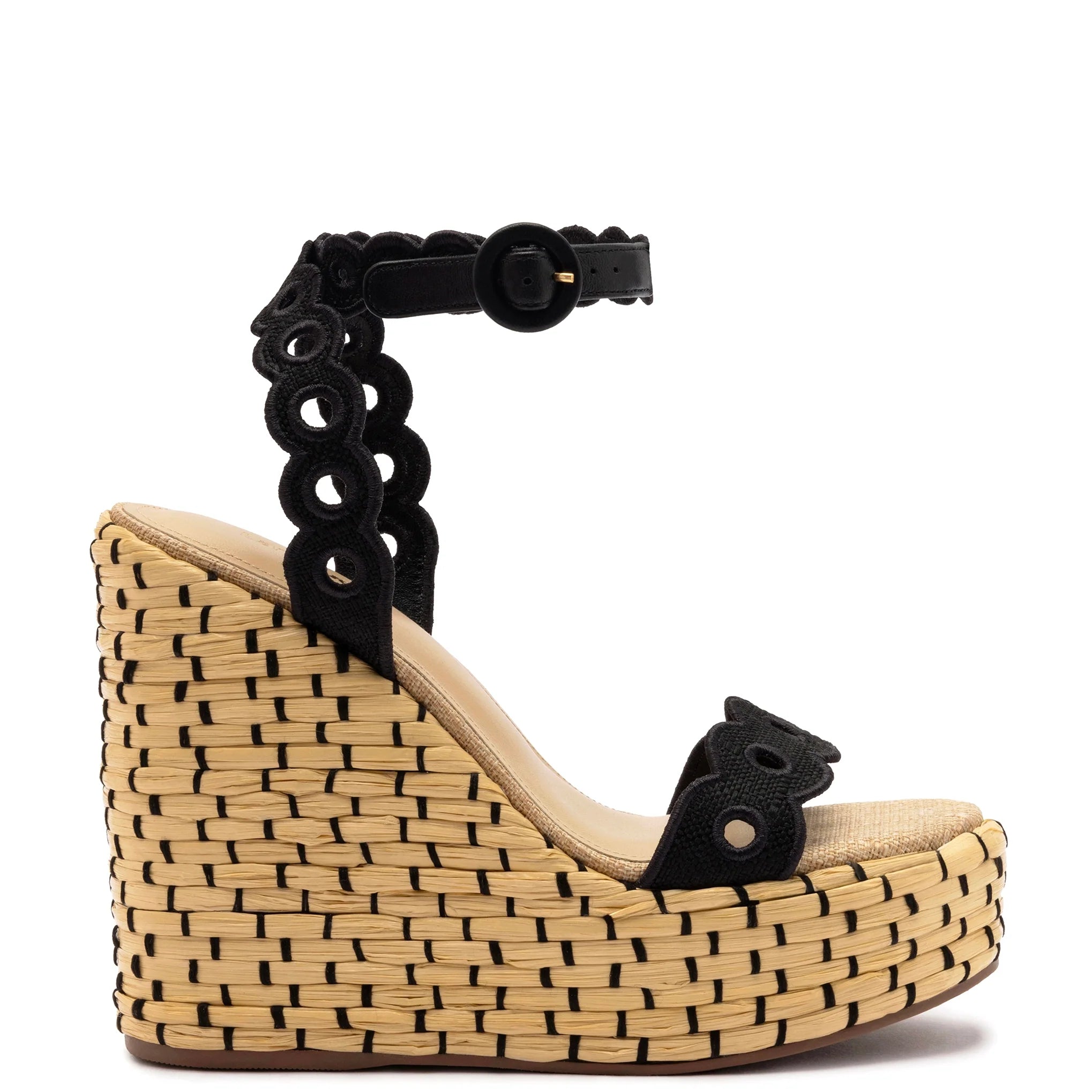 Florence Broderie Wedge in Beige & Black Raffia