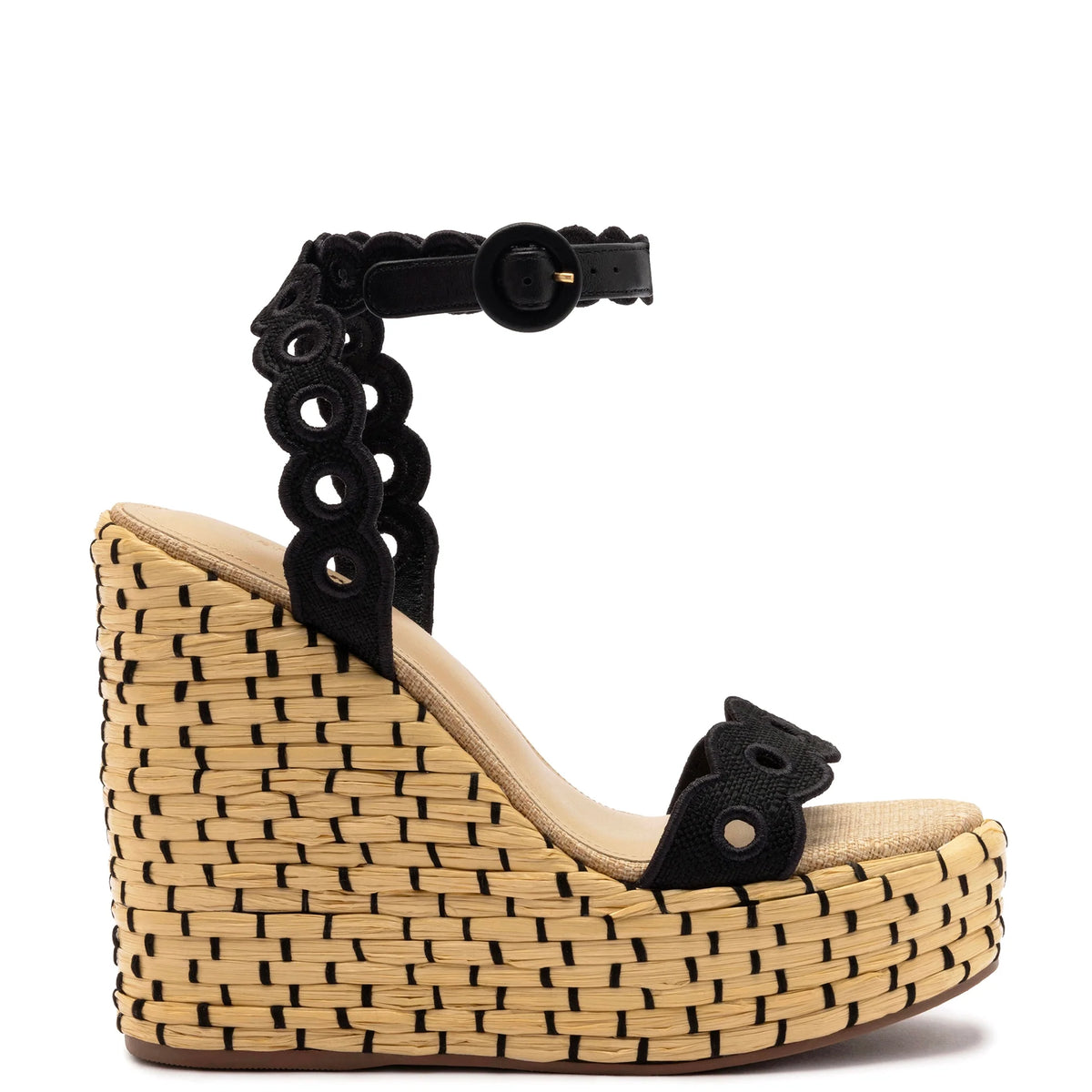 Florence Broderie Wedge in Beige & Black Raffia