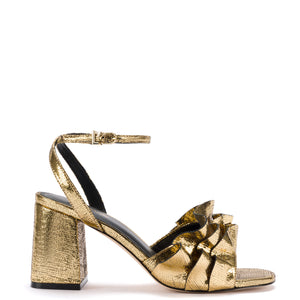 Selena Ruffle Sandal In Gold Cracked Metallic Leather
