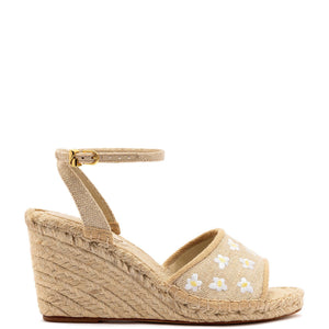 Letizia Espadrille Wedge In Raw Linen and Daisy Embroidery