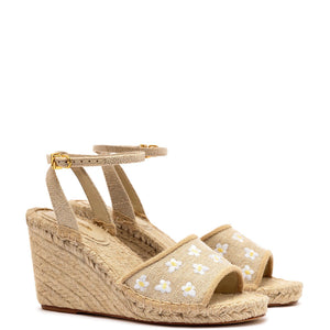 Letizia Espadrille Wedge In Raw Linen and Daisy Embroidery