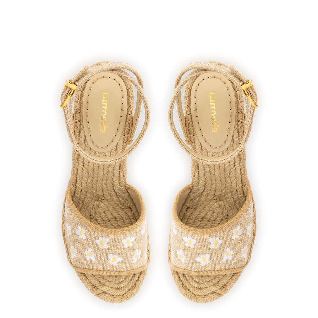 Letizia Espadrille Wedge In Raw Linen and Daisy Embroidery