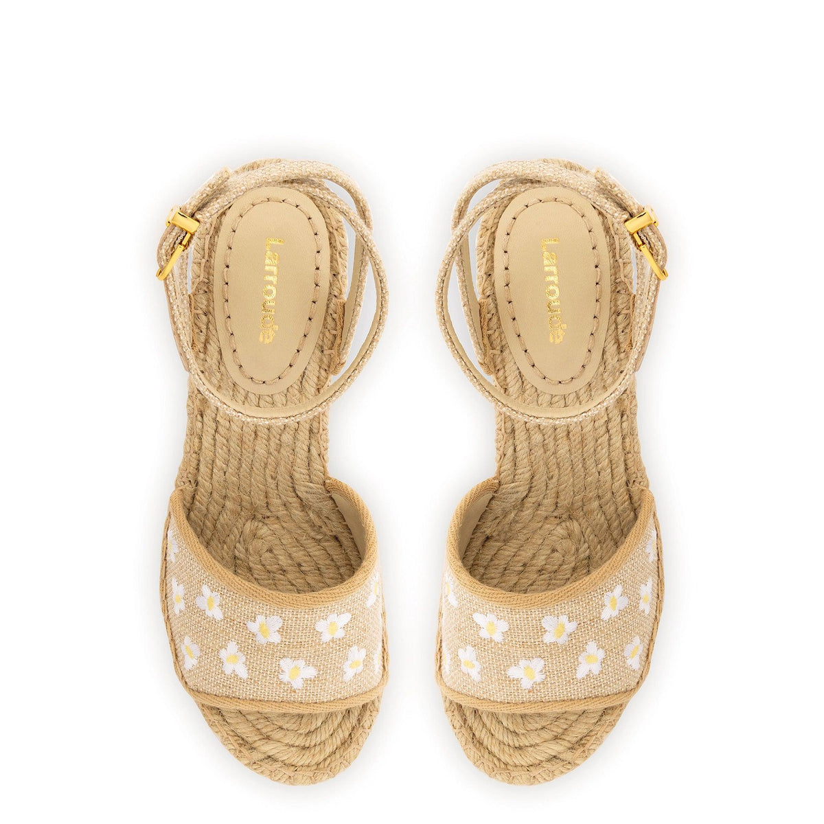 Letizia Espadrille Wedge In Raw Linen and Daisy Embroidery