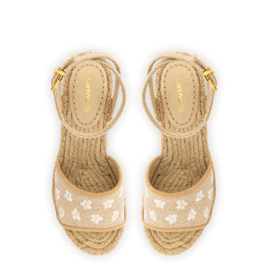 Letizia Espadrille Wedge In Raw Linen and Daisy Embroidery