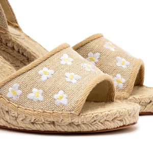 Letizia Espadrille Wedge In Raw Linen and Daisy Embroidery