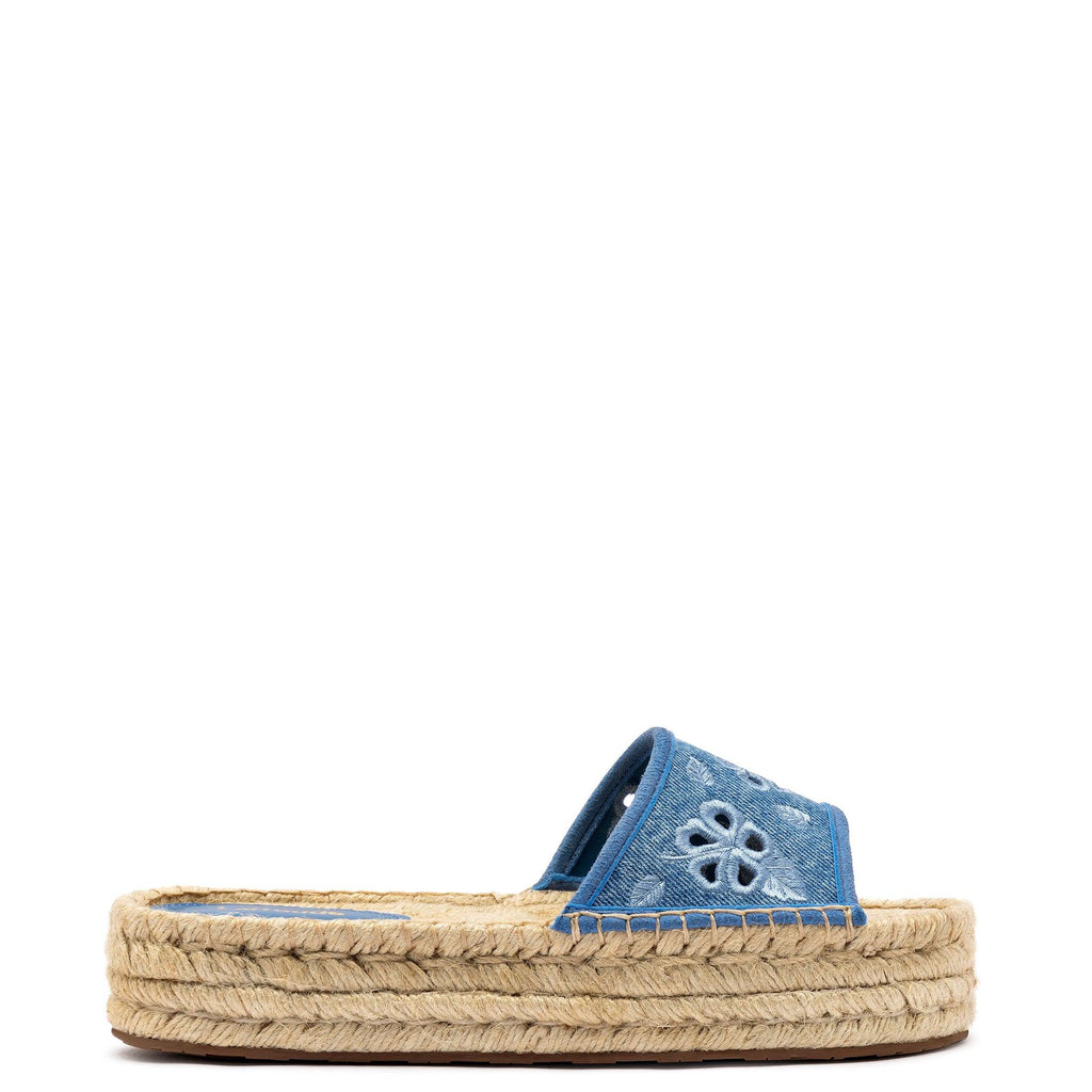 Letizia Espadrille Flatform In Blue Stoned Denim and Hibiscus Broderie