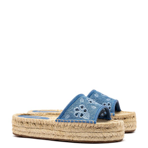 Letizia Espadrille Flatform In Blue Stoned Denim and Hibiscus Broderie