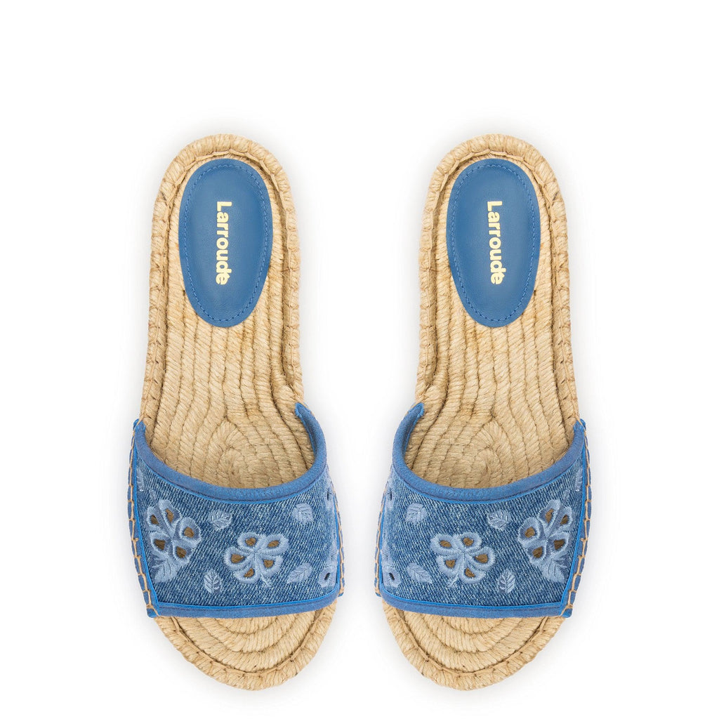 Letizia Espadrille Flatform In Blue Stoned Denim and Hibiscus Broderie