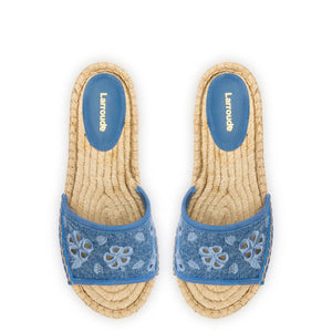 Letizia Espadrille Flatform In Blue Stoned Denim and Hibiscus Broderie
