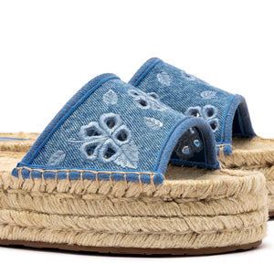 Letizia Espadrille Flatform In Blue Stoned Denim and Hibiscus Broderie