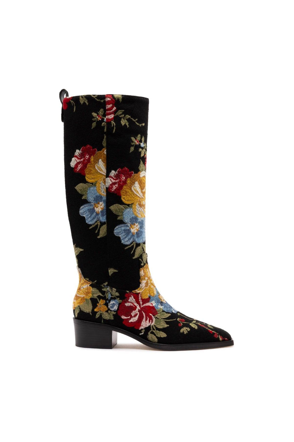 Larroude x Markarian Florencia Boot In Floral Embroidery Black Fabric