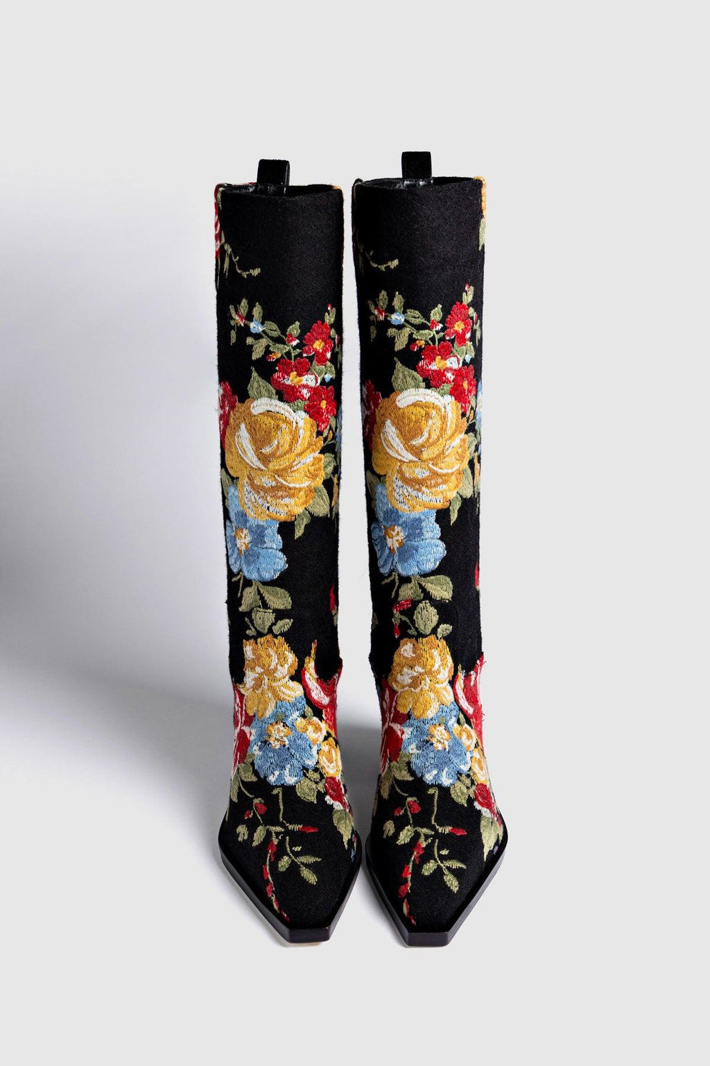 Larroude x Markarian Florencia Boot In Floral Embroidery Black Fabric