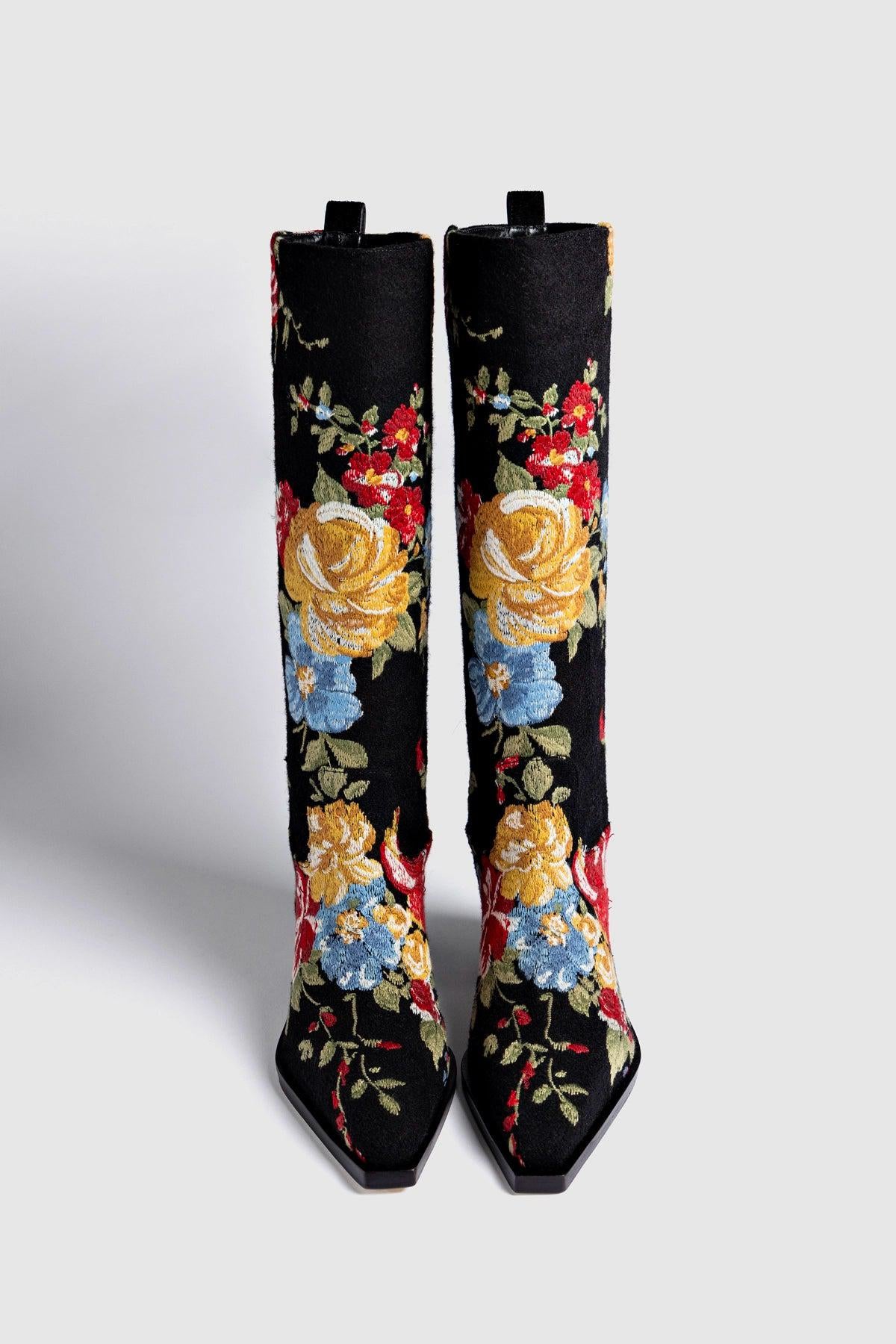 Larroude x Markarian Florencia Boot In Floral Embroidery Black Fabric