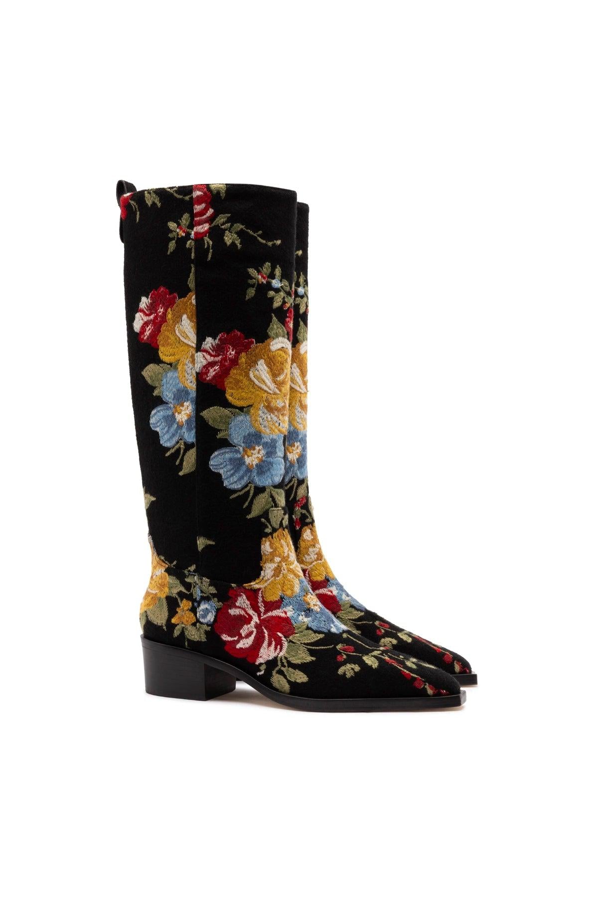 Larroude x Markarian Florencia Boot In Floral Embroidery Black Fabric