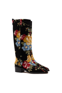 Larroude x Markarian Florencia Boot In Floral Embroidery Black Fabric
