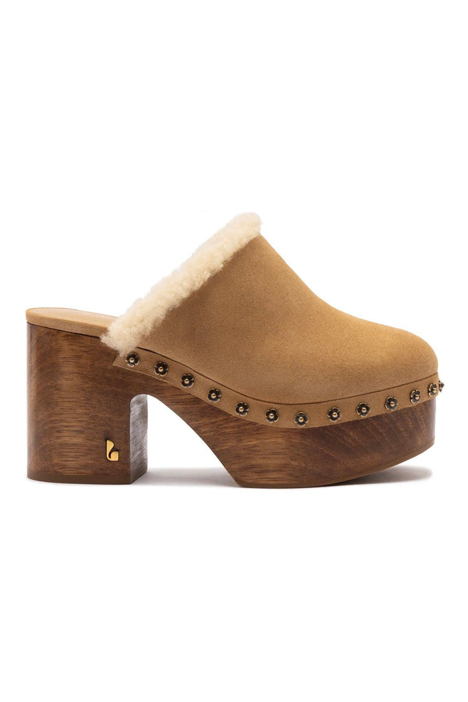 Miso Wooden Platform Clog In Peanut Suede And Natural Shearling