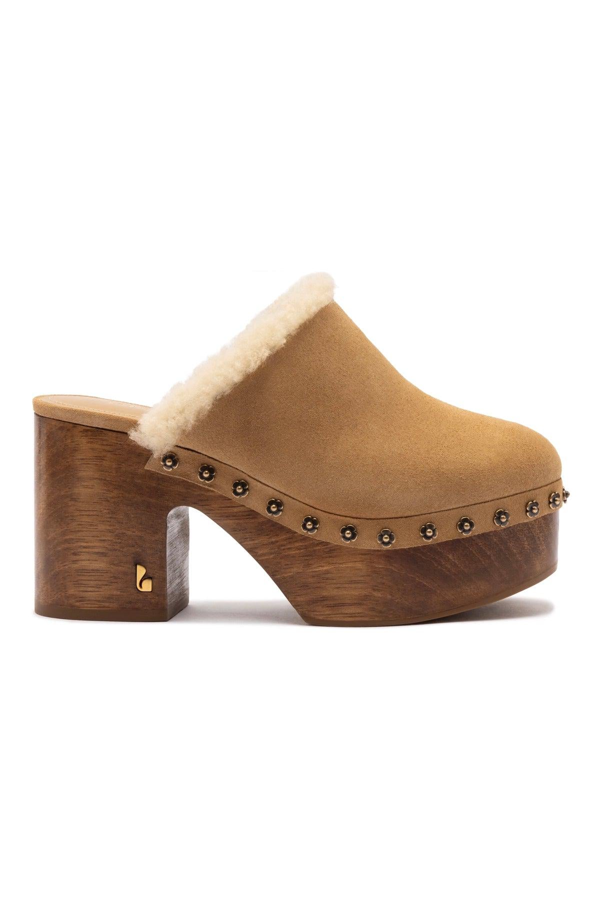 Miso Wooden Platform Clog In Peanut Suede And Natural Shearling