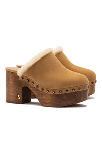 Miso Wooden Platform Clog In Peanut Suede And Natural Shearling