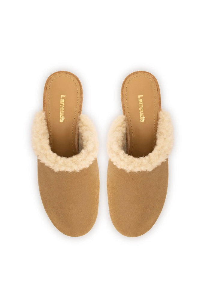 Miso Wooden Platform Clog In Peanut Suede And Natural Shearling