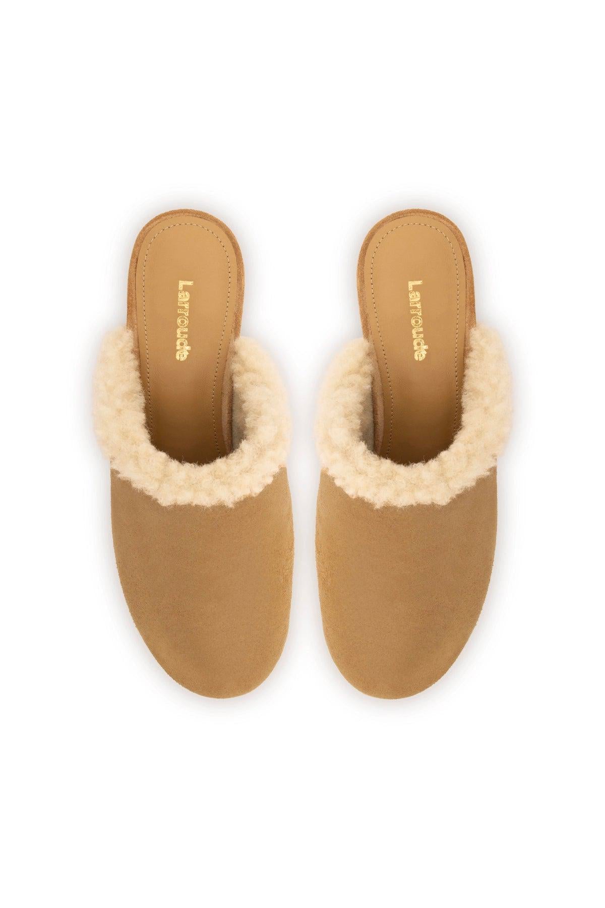 Miso Wooden Platform Clog In Peanut Suede And Natural Shearling
