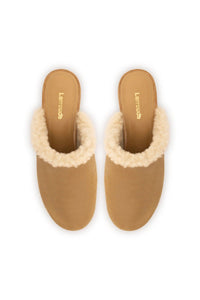 Miso Wooden Platform Clog In Peanut Suede And Natural Shearling