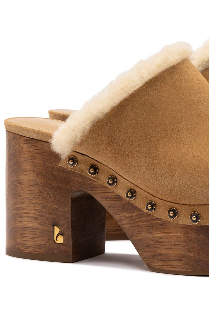 Miso Wooden Platform Clog In Peanut Suede And Natural Shearling