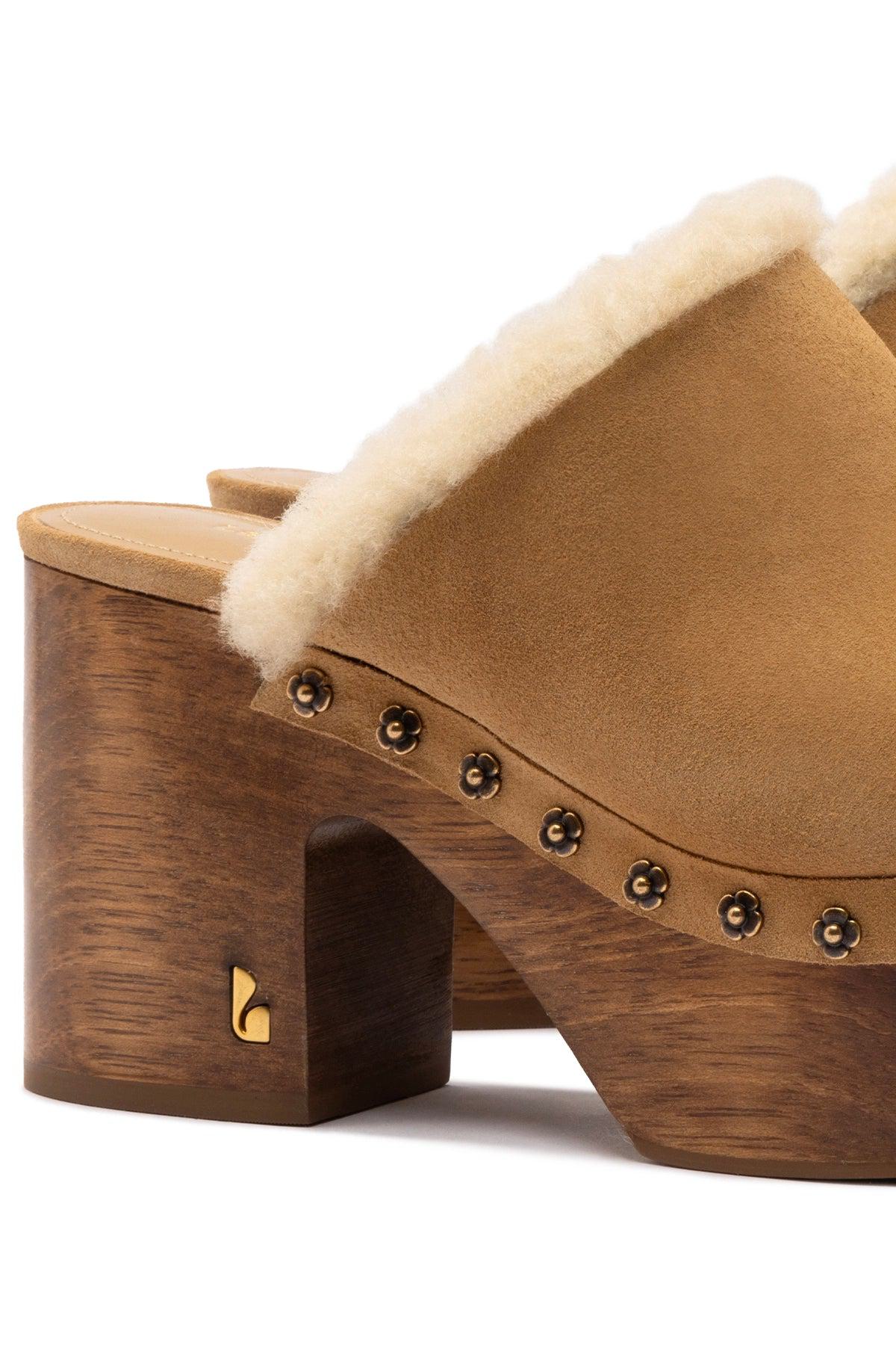 Miso Wooden Platform Clog In Peanut Suede And Natural Shearling