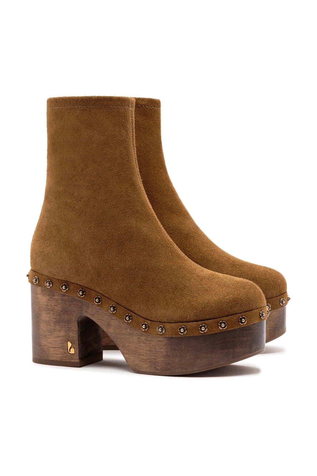 Miso Wooden Platform Boot In Russet Suede