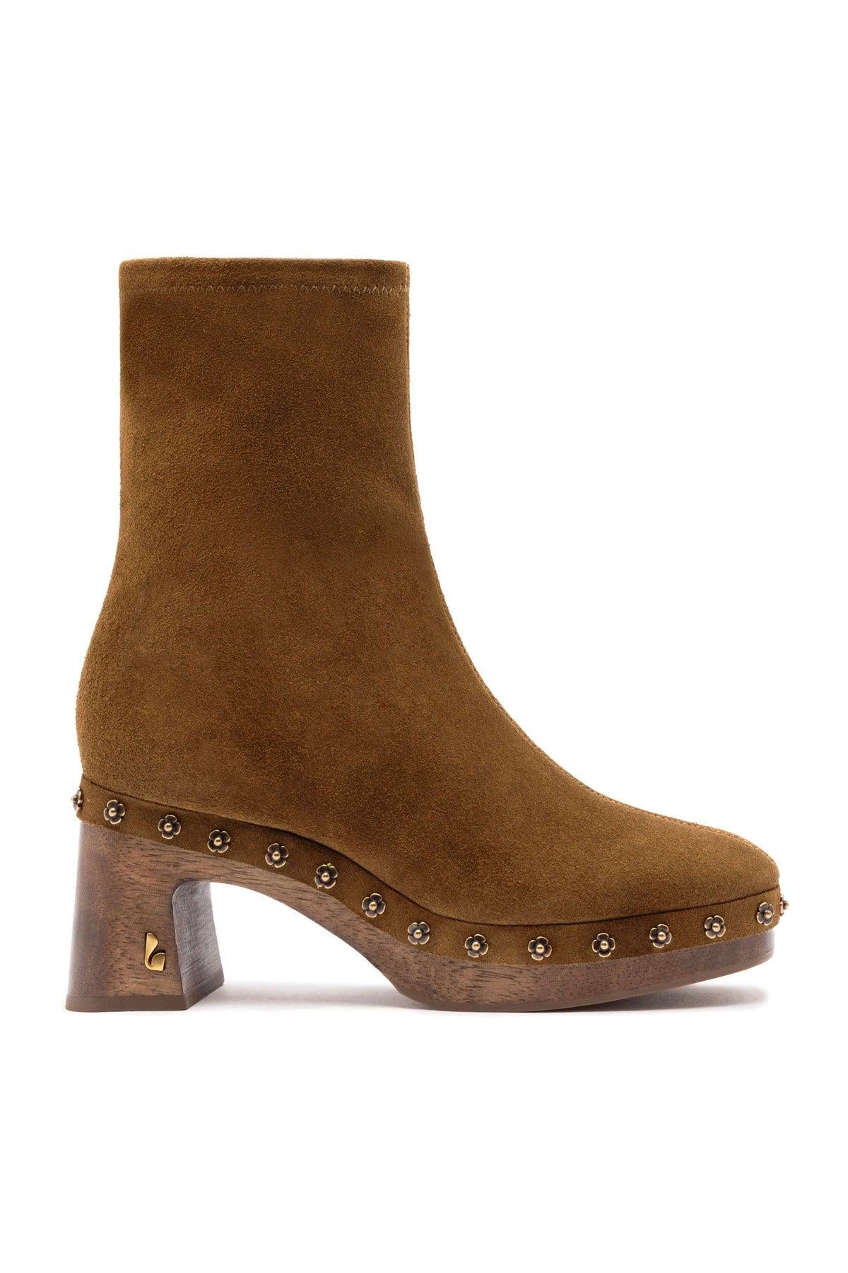 Dolly Low Wooden In Russet Suede