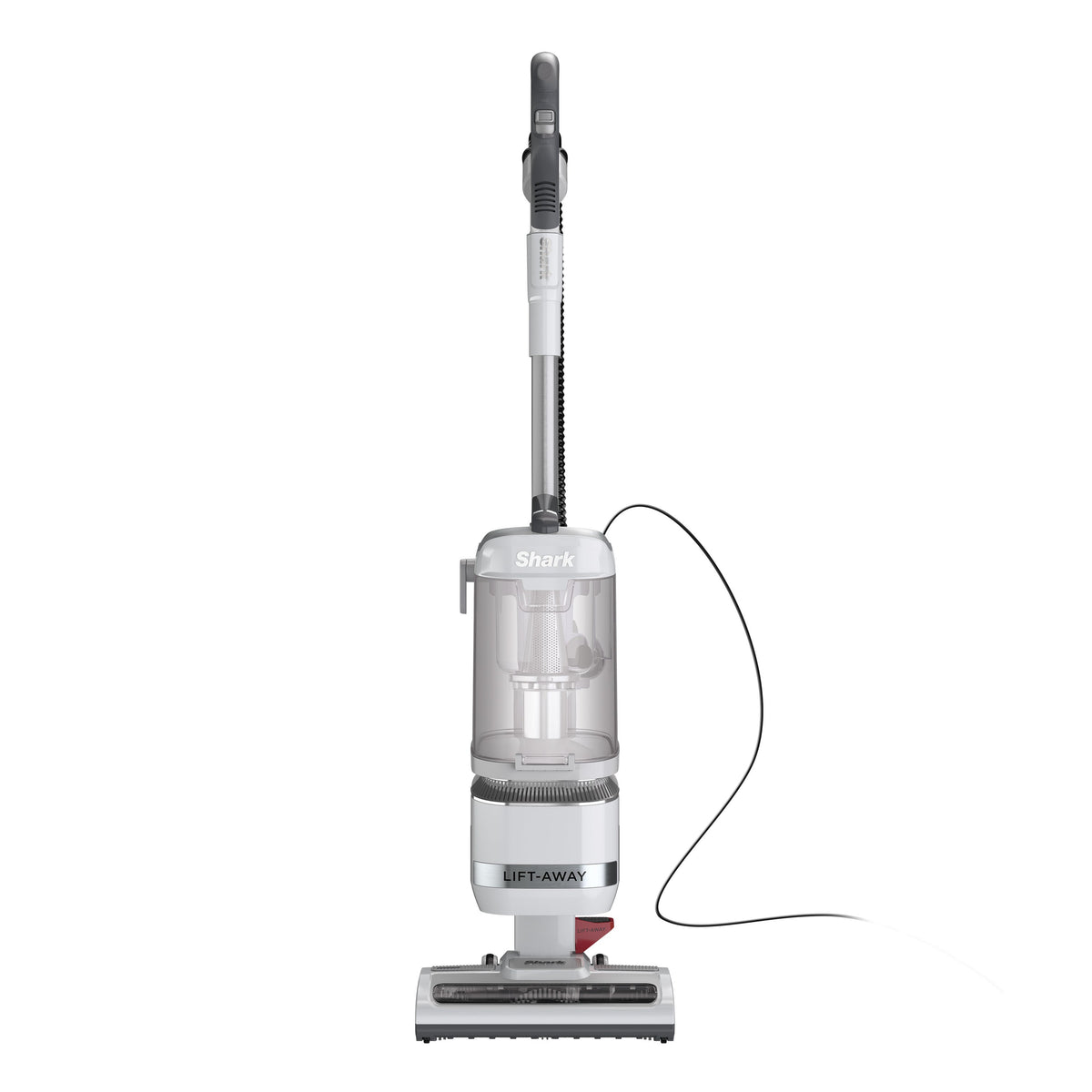 Front view of Shark Navigator Lift-Away ADV Upright Vacuum Cleaner with transparent dust cup on white background