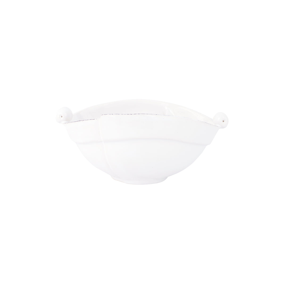 Side view of Lastra white two-part olive bowl showing split two-piece rim and small loop handles on a white background