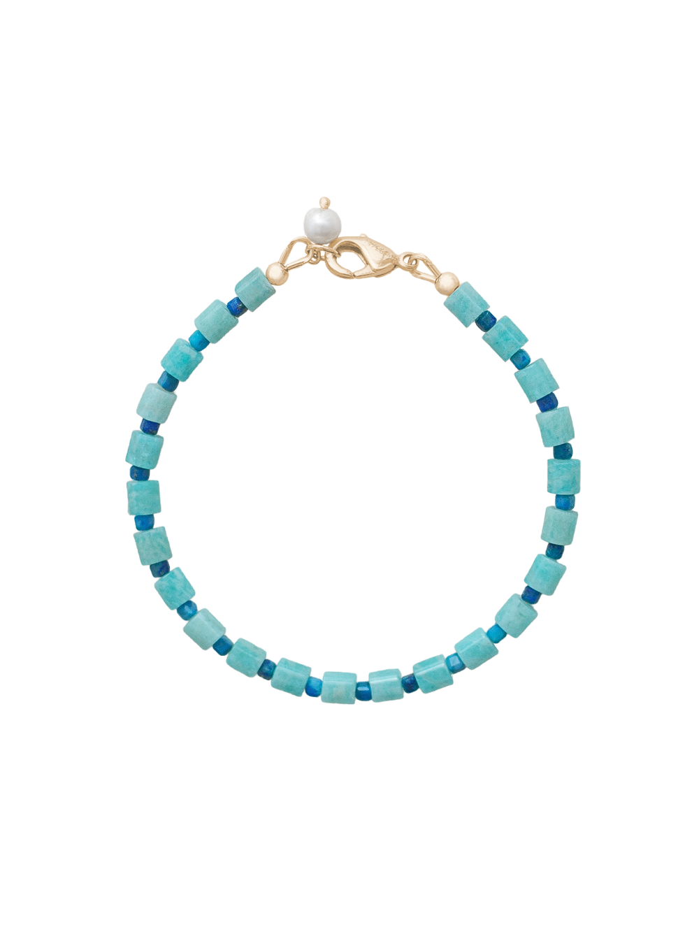 Top view of Lauren bracelet showing blue amazonite and chrysocolla cube beads with freshwater pearl charm and gold-filled lobster clasp on white background