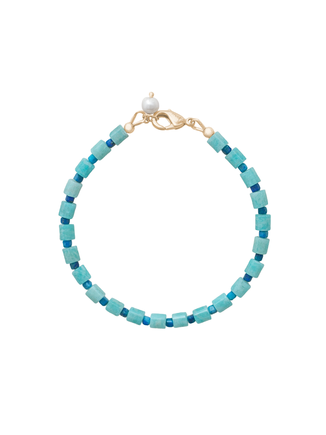 Top view of Lauren bracelet showing blue amazonite and chrysocolla cube beads with freshwater pearl charm and gold-filled lobster clasp on white background
