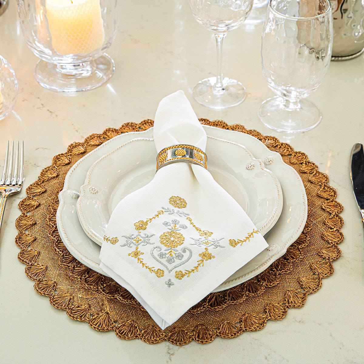 Heidi Embroidered Napkin in Gold/Silver, Set of 4