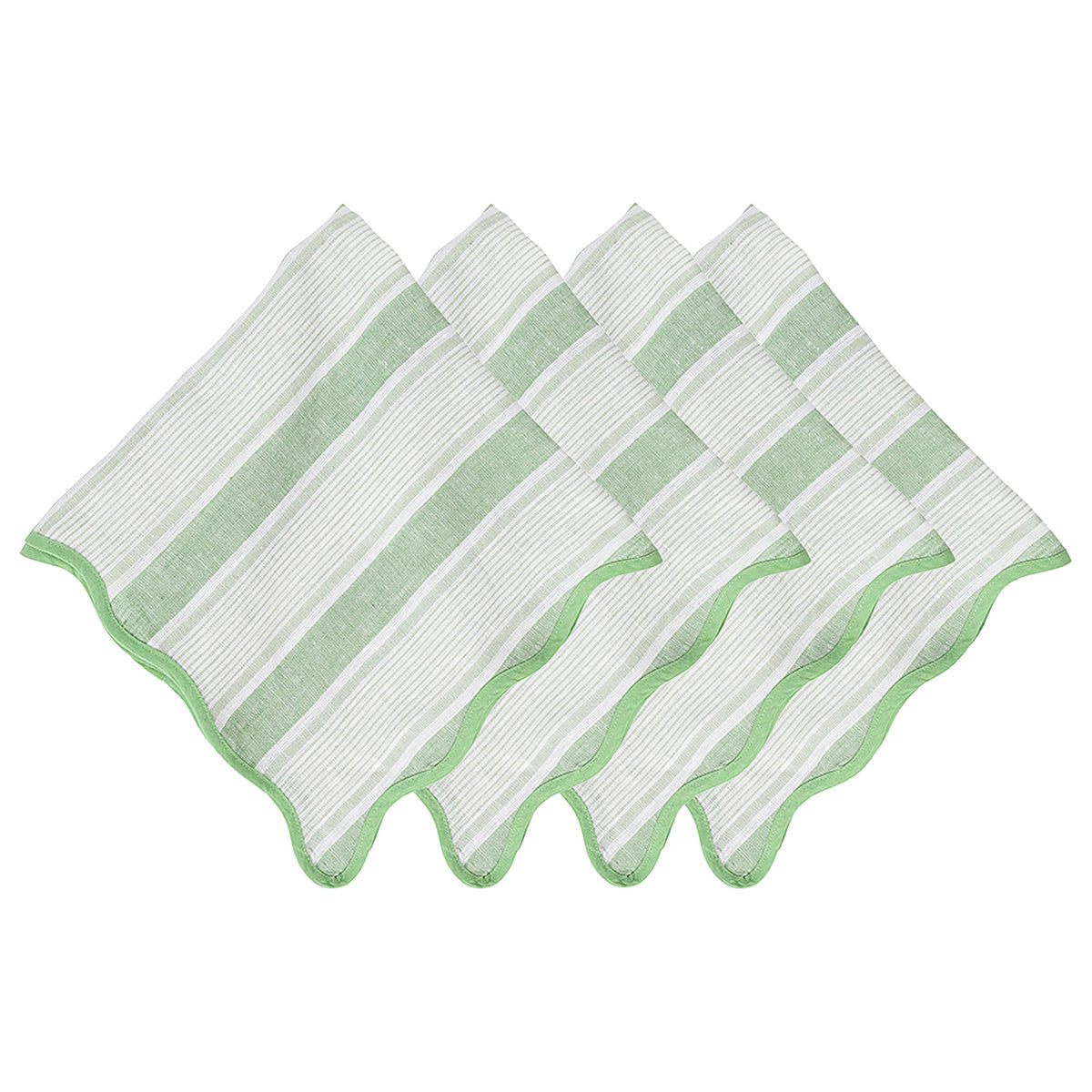 Front view of Cabana Stripe Napkin, set of 4 in Seagrass showcasing linen stripes and scalloped trim on a white background