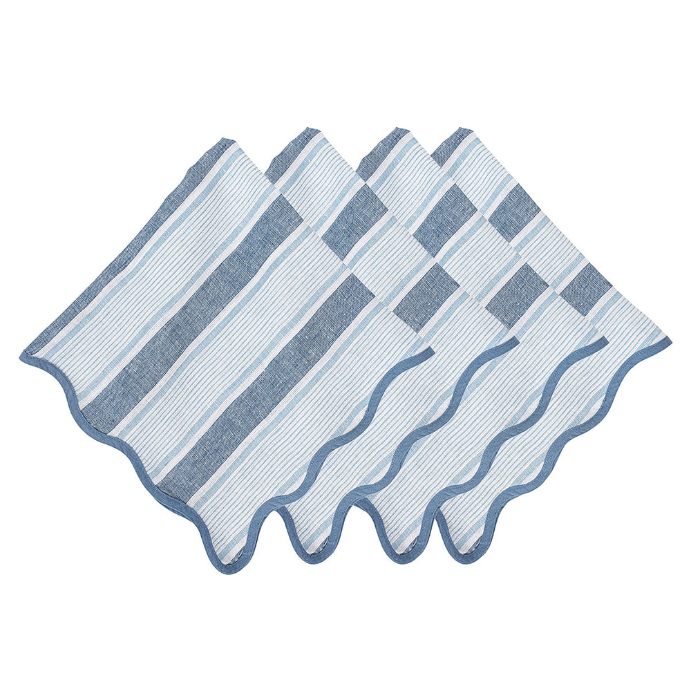 Top view of Cabana Stripe Napkin set of 4 in Ocean showcasing blue and white stripes and scalloped trim on a white background